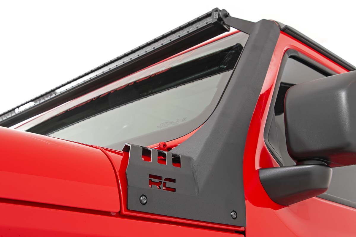 Rough Country Jeep 50-Inch Straight LED Light Bar Upper Windshield Kit w/ Dual-Row Black Series LED Amber DRL 2020-2023 Gladiator JT, 18-23 Wrangler JL