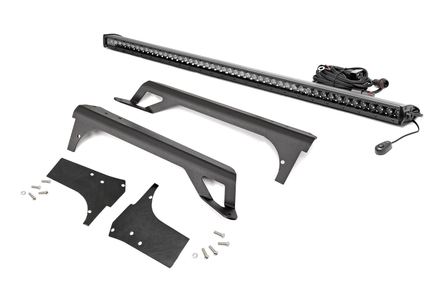 Rough Country Jeep 50-inch Straight LED Light Bar Upper Windshield Kit w/ Single Row Black Series LED w/ DRL (97-06 TJ)