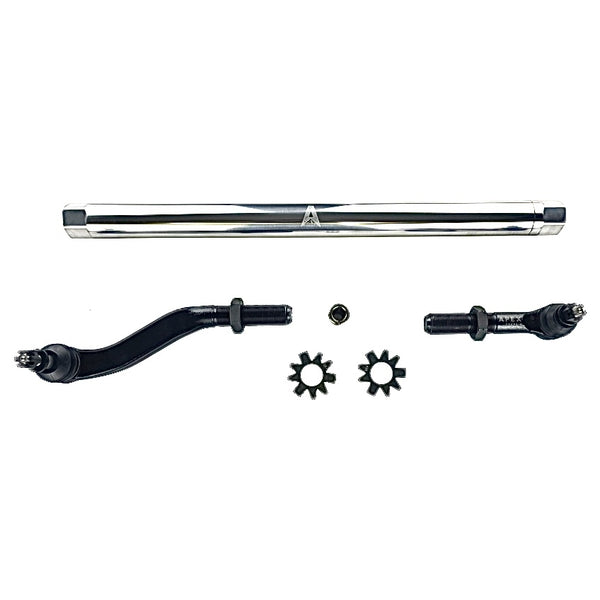 Apex Chassis Jeep JL / JT 2.5 Ton Extreme Duty Yes Flip Drag Link Assembly in Polished Aluminum Fits 18-22 Jeep Wrangler 19-21 Gladiator Fits a Dana 44 axle with a lift exceeding 4.5 inches Requires drilling the knuckle Includes the taper sleeve