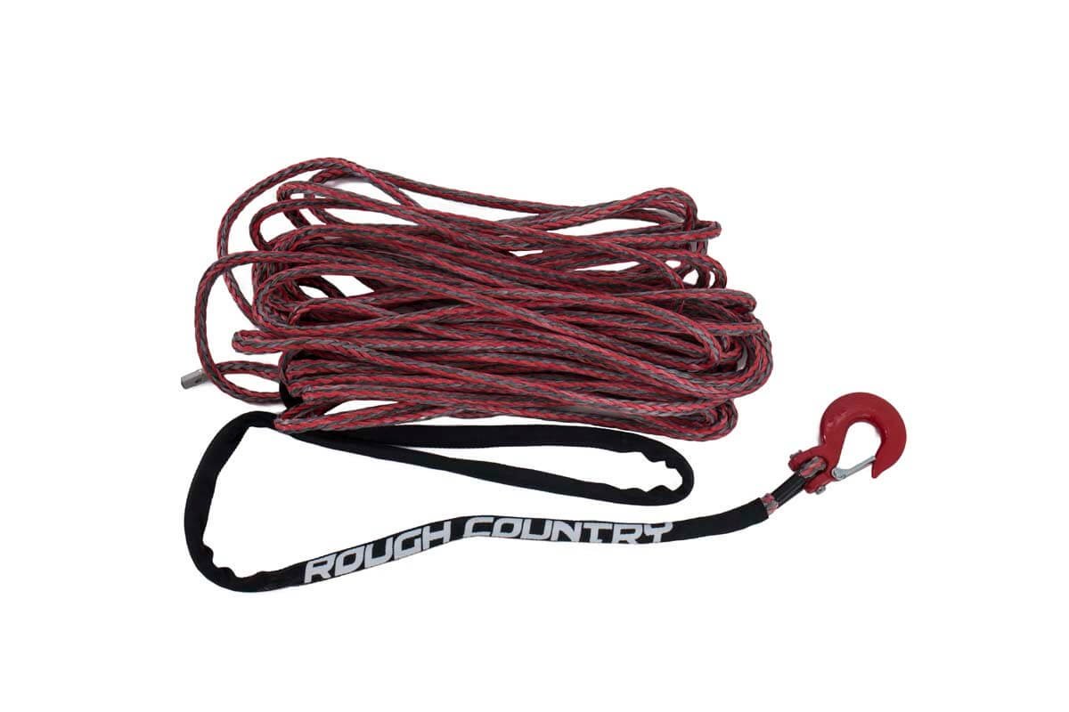Rough Country Synthetic Rope 85 Feet Rated Up to 16,000 Lbs 3/8 Inch Includes Clevis Hook and Protective Sleeve Red/Grey Combo