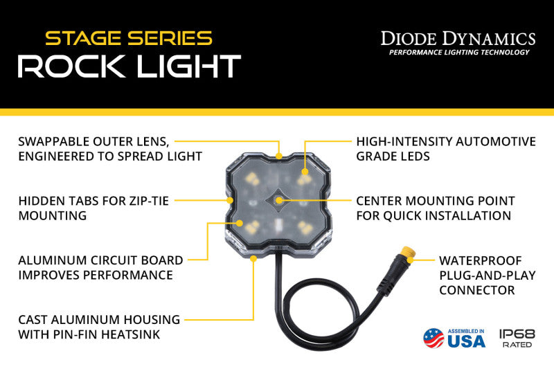 Diode Dynamics Stage Series SXS Rock Light Installer Kit, RGBW M8 w/Controller (4-pack)