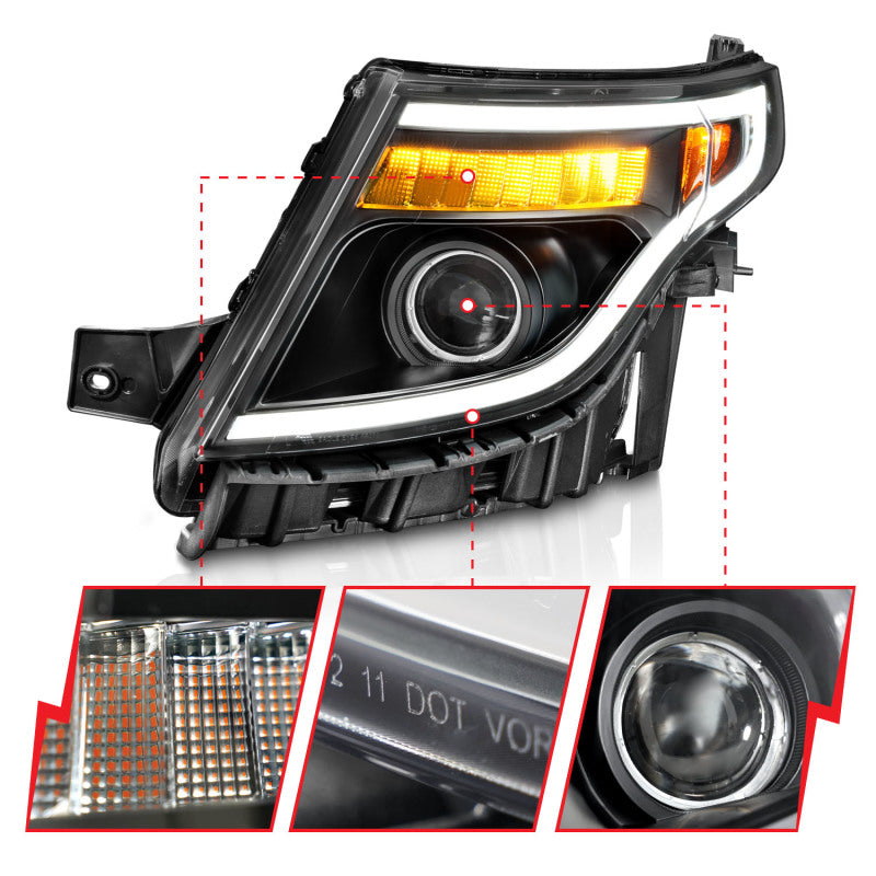 ANZO 11-15 Ford Explorer (w/Factory Halogen HL Only) Projector Headlights w/Light Bar Black Housing