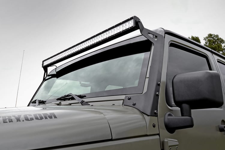 Rough Country Jeep 50-Inch Straight LED Light Bar Upper Windshield Kit w/ 50 Inch Black Series LED Light w/ White DRL 07-18 Wrangler JK