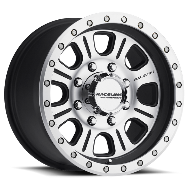 Raceline 928M Monster 17x9in 5x139.7 BP -12mm Offset 107.95mm Bore - Black & Machined Wheel