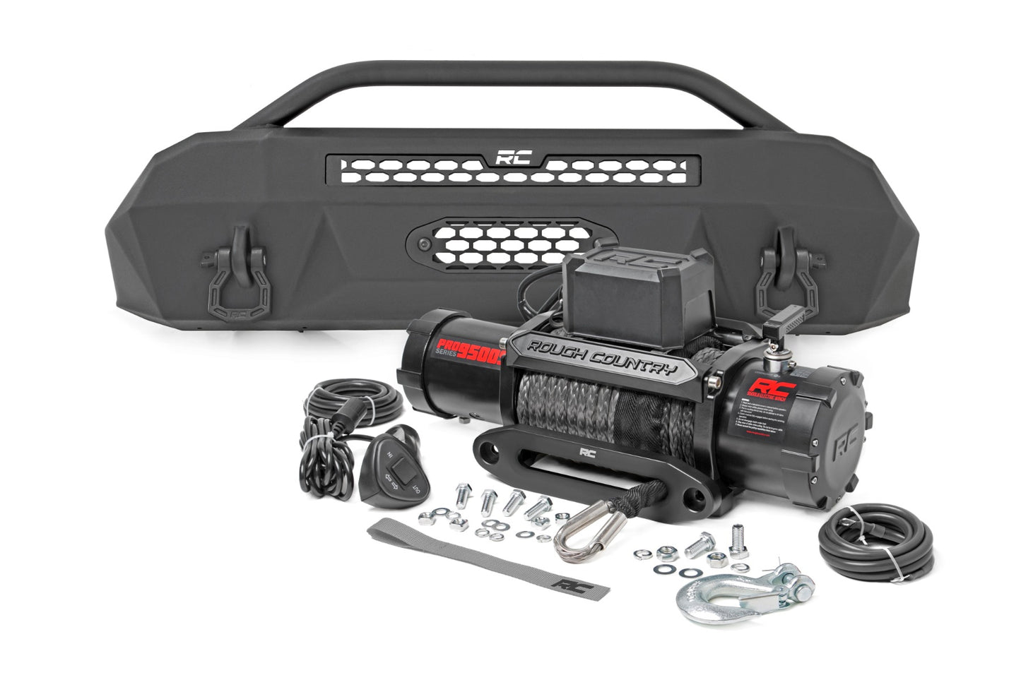 Rough Country Front Bumper Hybrid 9500-Lb Pro Series Winch Synthetic Rope 16-22 Toyota Tacoma