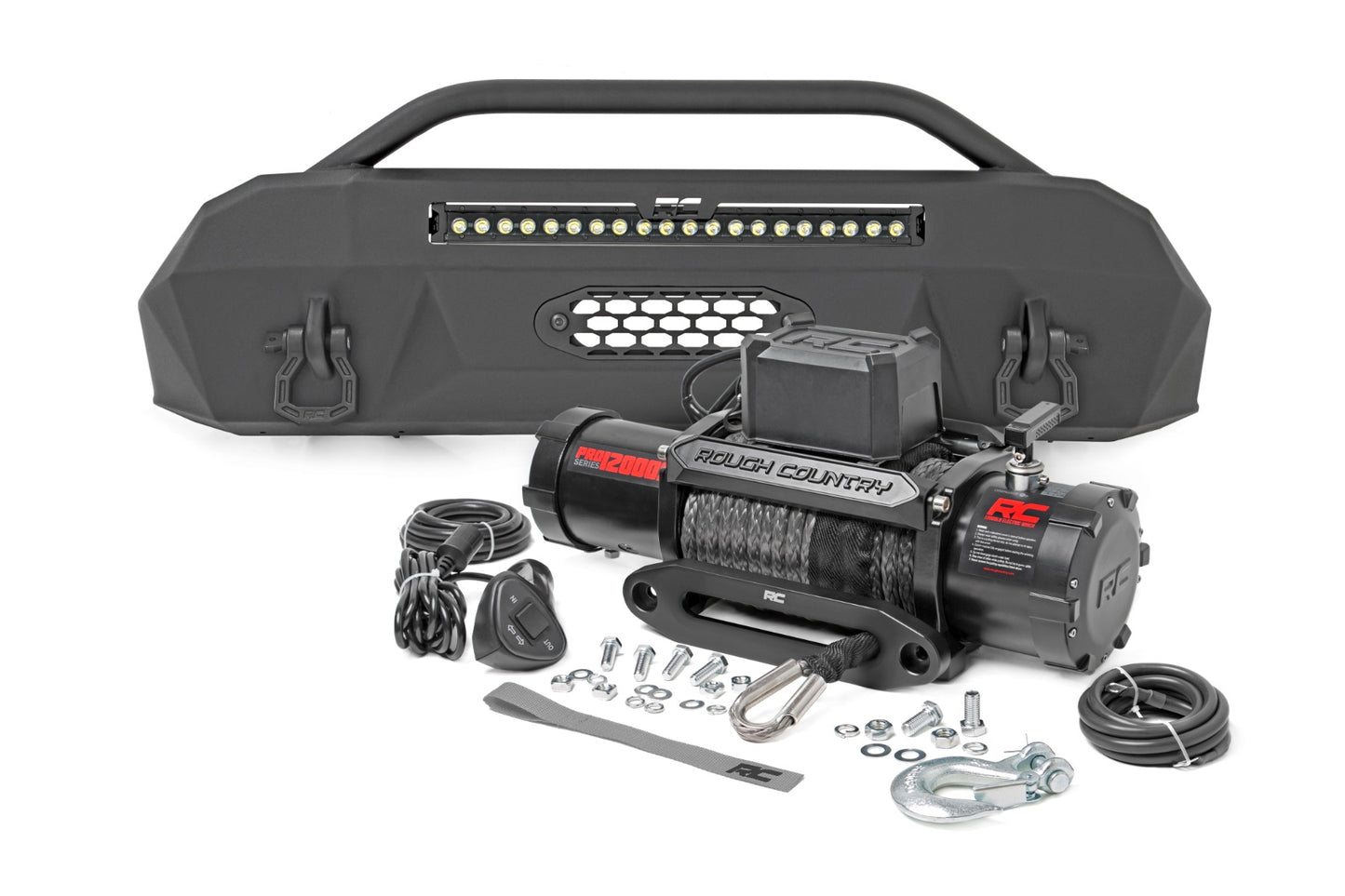 Rough Country Front Bumper Hybrid with 12000-Lb Pro Series Winch and 20 LED Light Bar 16-22 Toyota Tacoma 4WD