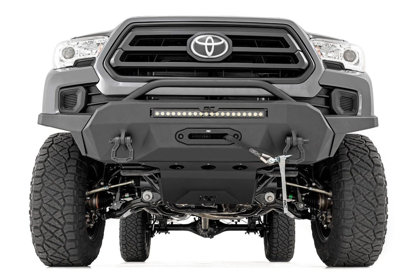 Rough Country Front Bumper High Clearance Hybrid with 12000 Lb Pro Series Winch Synthetic Rope and 20 LED Light Bar 16-23 Toyota Tacoma