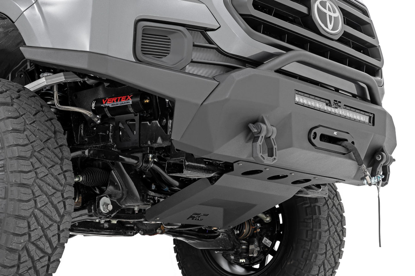 Rough Country Front Bumper High Clearance Hybrid with 12000 Lb Pro Series Winch Synthetic Rope and 20 LED Light Bar 16-23 Toyota Tacoma