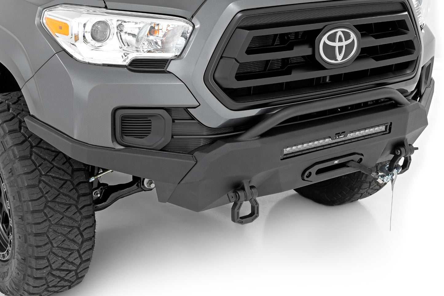 Rough Country Front Bumper High Clearance Hybrid with 12000 Lb Pro Series Winch Synthetic Rope and 20 LED Light Bar 16-23 Toyota Tacoma