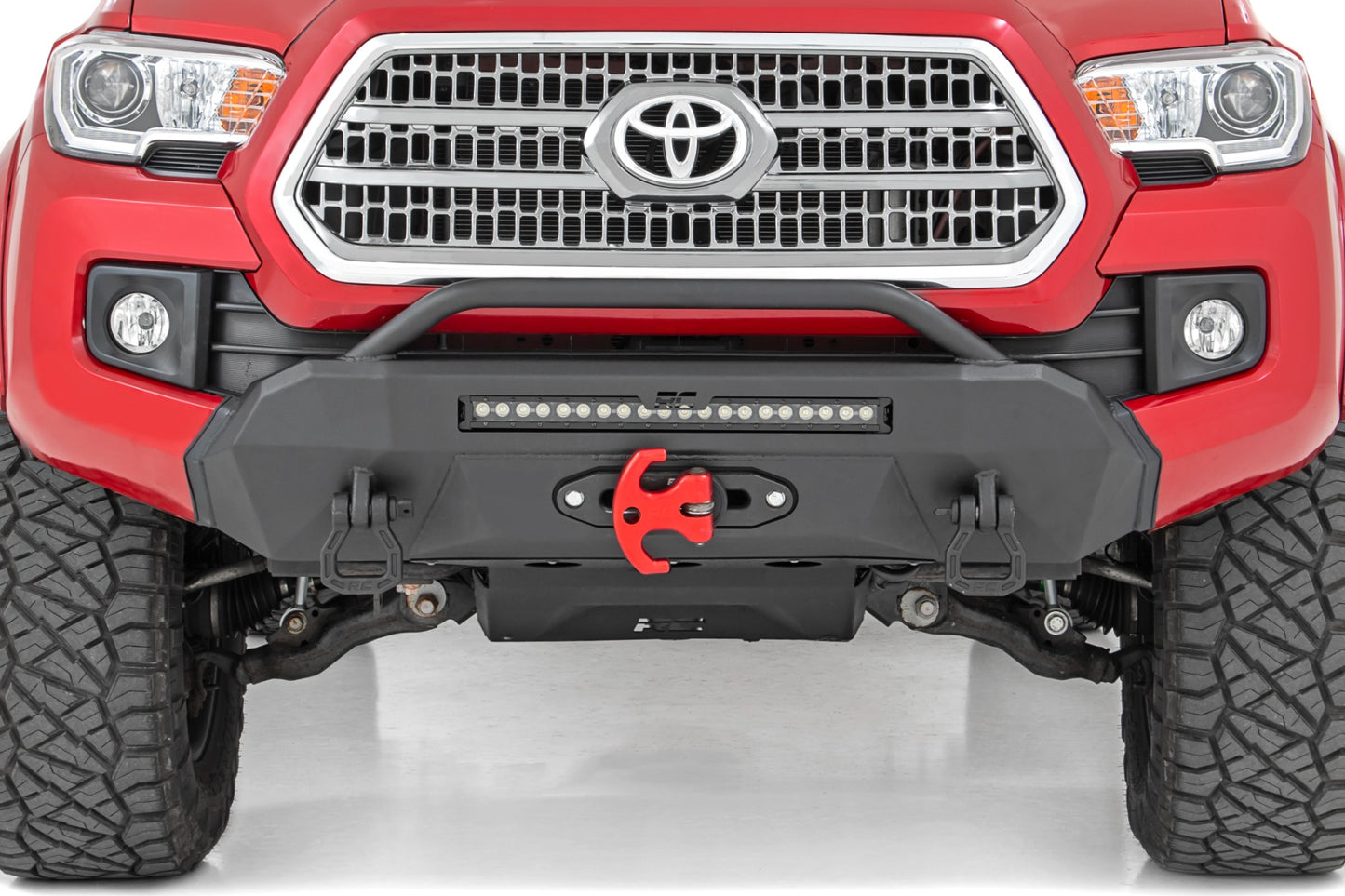 Rough Country Front Bumper Hybrid with 12000-Lb Pro Series Winch Black Series with White DRL LED Light Bar 16-23 Toyota Tacoma 4WD