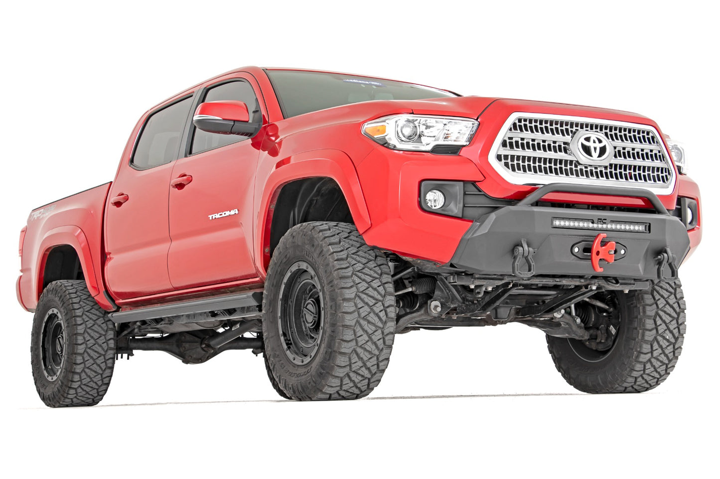 Rough Country Front Bumper Hybrid with 12000-Lb Pro Series Winch Black Series with White DRL LED Light Bar 16-23 Toyota Tacoma 4WD