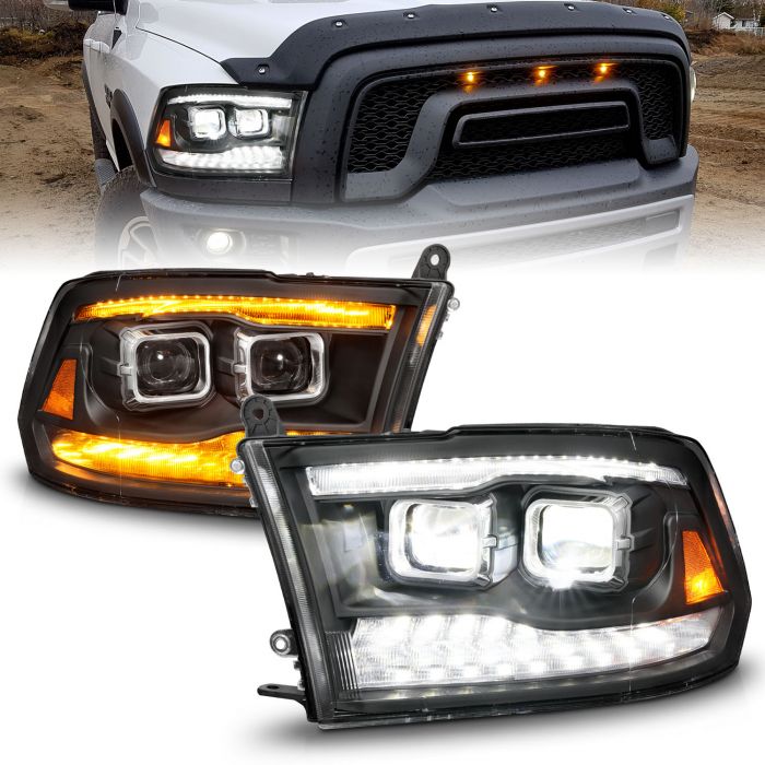 ANZO 10-18 Dodge Ram 1500/2500/3500 Full LED Projector Headlights w/Switchback Light Bar - Black