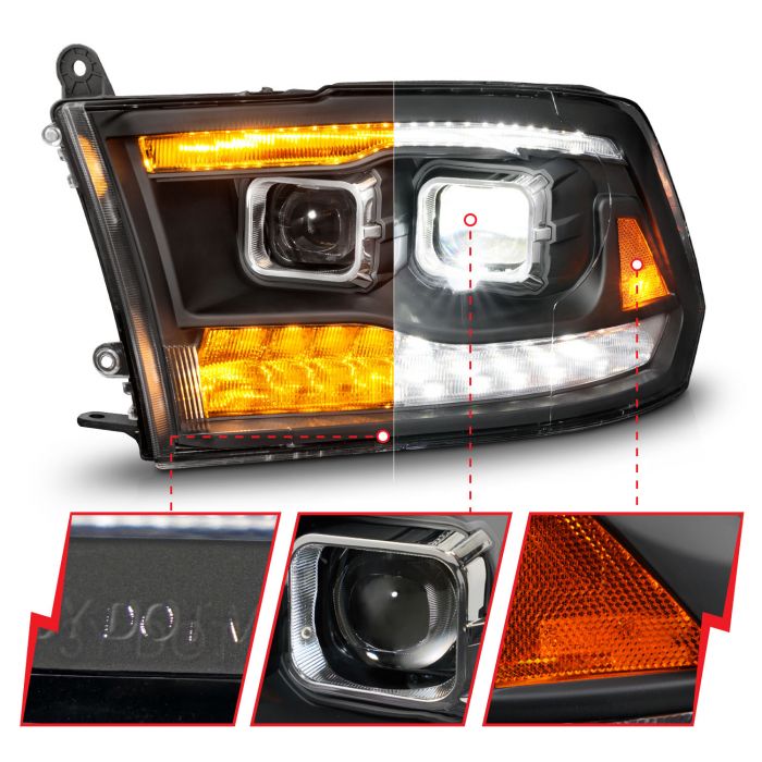 ANZO 10-18 Dodge Ram 1500/2500/3500 Full LED Projector Headlights w/Switchback Light Bar - Black