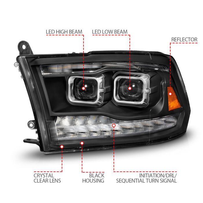 ANZO 10-18 Dodge Ram 1500/2500/3500 Full LED Projector Headlights w/Switchback Light Bar - Black