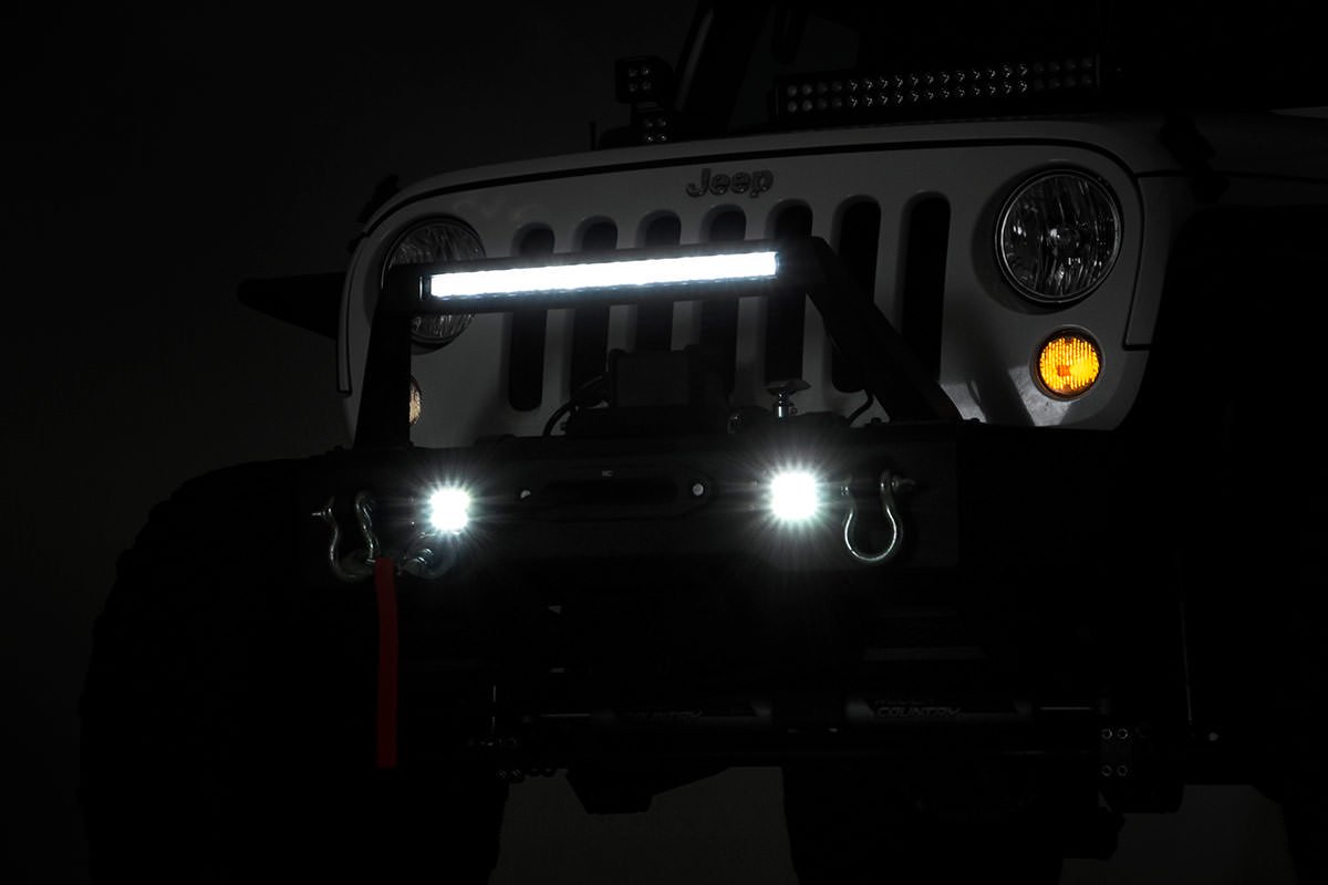 Rough Country Jeep Front Stubby LED Winch Bumper w/Hoop Chrome Series JK, JL, Gladiator JT