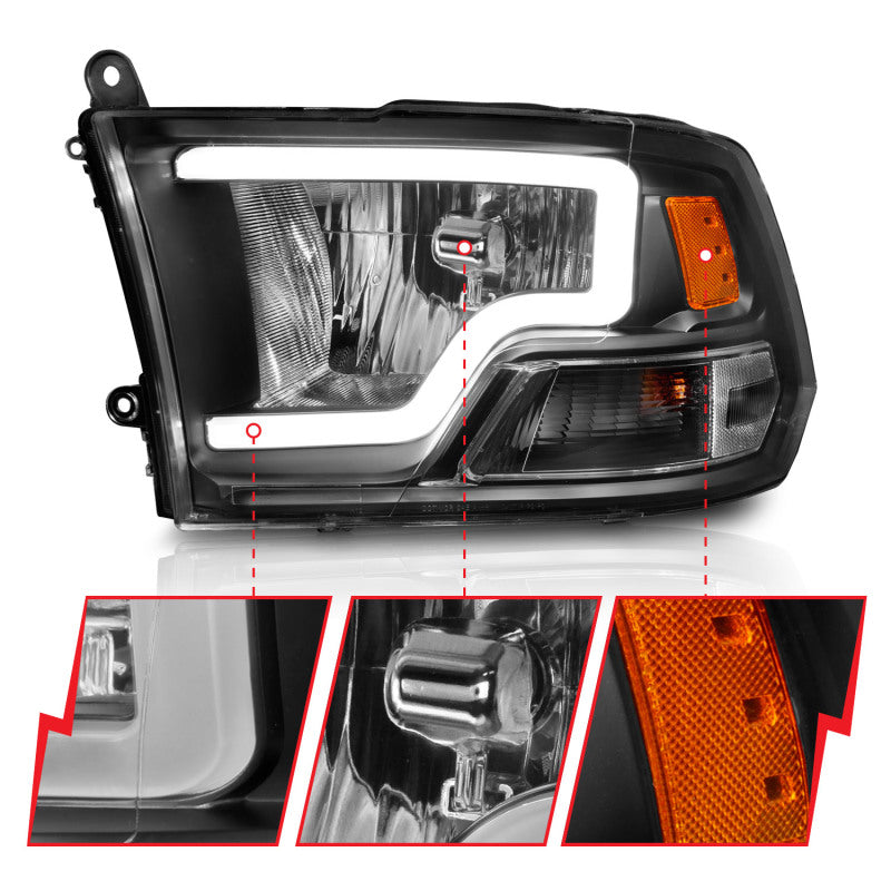 ANZO 2010-2018 Dodge Ram 1500 2500 3500 Crystal Headlights w/ Light Bar Black Housing