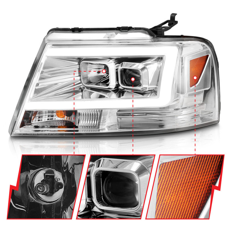 ANZO 2004-2008 Ford F-150 Projector Headlights w/ Light Bar Chrome Housing