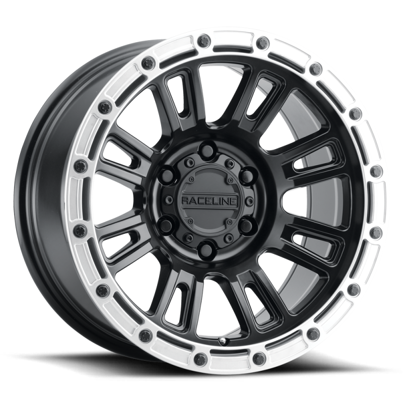 Raceline 956BS Compass 17x9in 8x165.1 BP -12mm Offset 125.2mm Bore - Black & Silver Lip Wheel