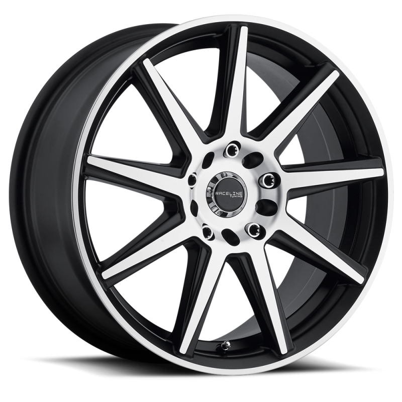 Raceline 144M Storm 16x7in 5x100 5x114.3 BP 40mm Offset 72.62mm Bore - Black & Machined Wheel