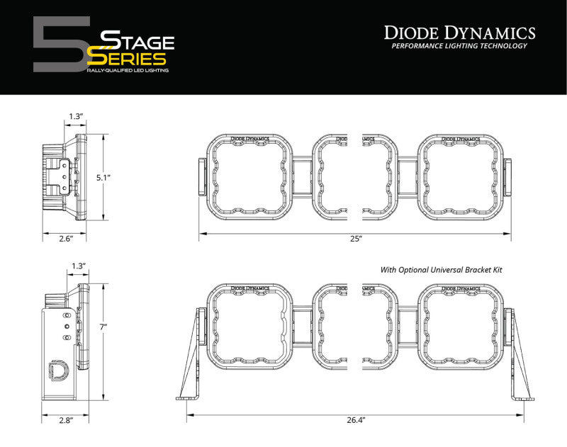 Diode Dynamics SS5 Sport Universal CrossLink 4-Pod Lightbar - White Combo
