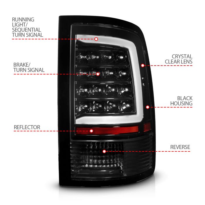 ANZO 10-18 Dodge Ram 1500 2500 3500 Full LED Taillights w/ Sequential Black Housing/Clear Lens