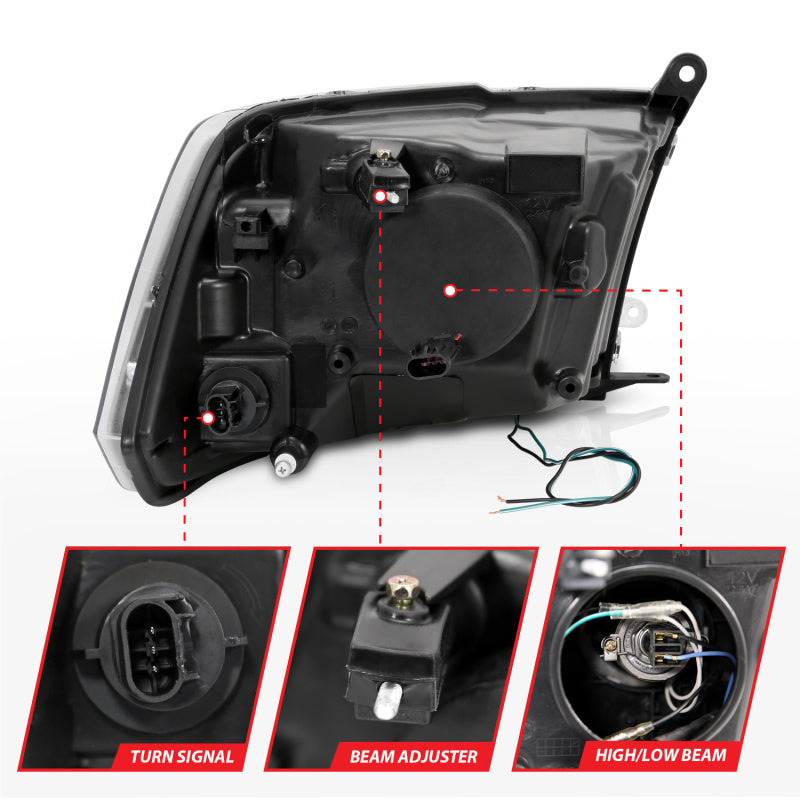 ANZO 10-18 Dodge Ram 1500 2500 3500 Plank Style Projector Headlights Black w/ Halo