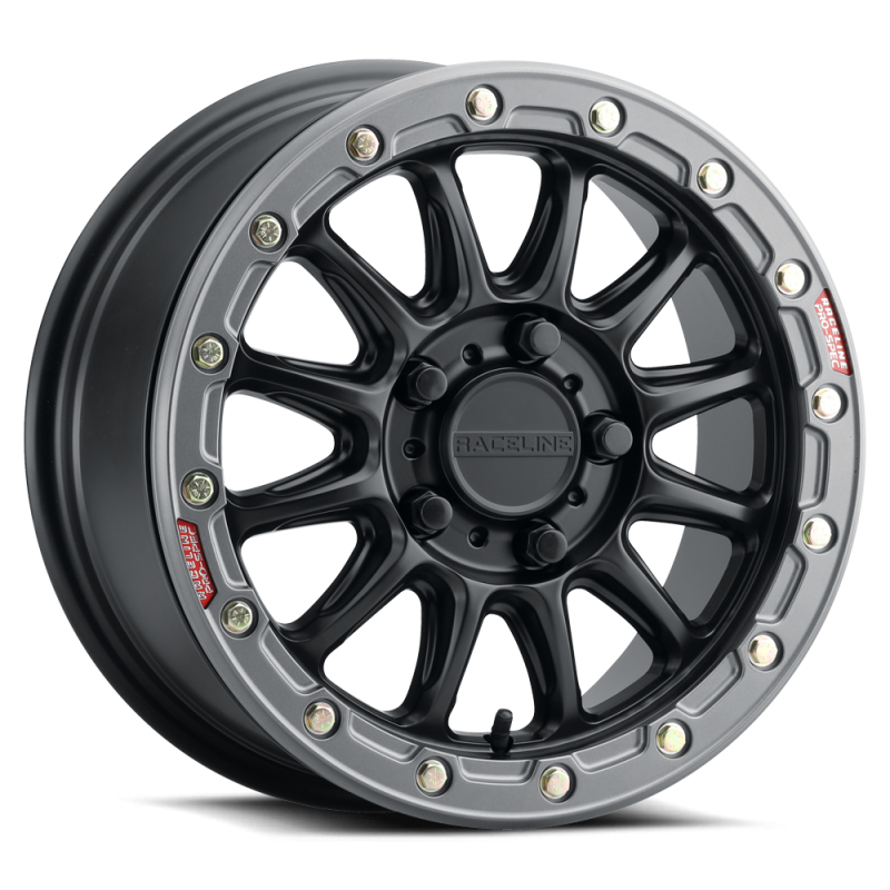 Raceline A14GR Alpha 15x7in 5x114.3 BP 25mm Offset 68mm Bore - Gunmetal & Red Ring Beadlock Wheel