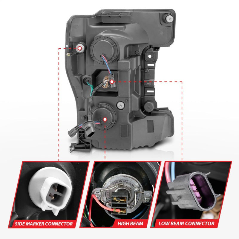 ANZO LED Headlights 17-19 Ford F-250 Super Duty Halogen Projector Plank-Style Headlight Black (Pair)