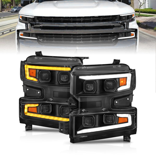 ANZO 19-22 Chevrolet Silverado 1500 LED Projector HL w/Lgt Bar SwBk Sequential Black w/Initiation Light - Driver Side ON