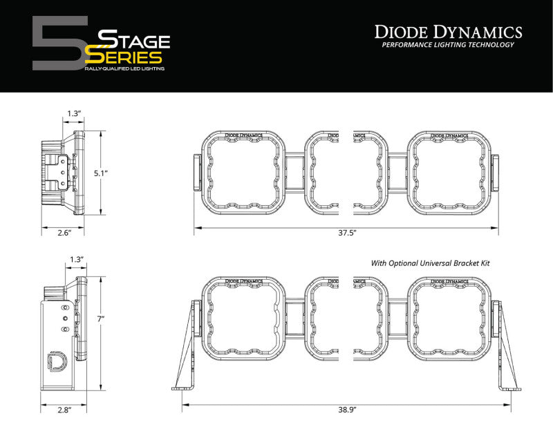 Diode Dynamics SS5 Sport Universal CrossLink 6-Pod Lightbar - Yellow Driving