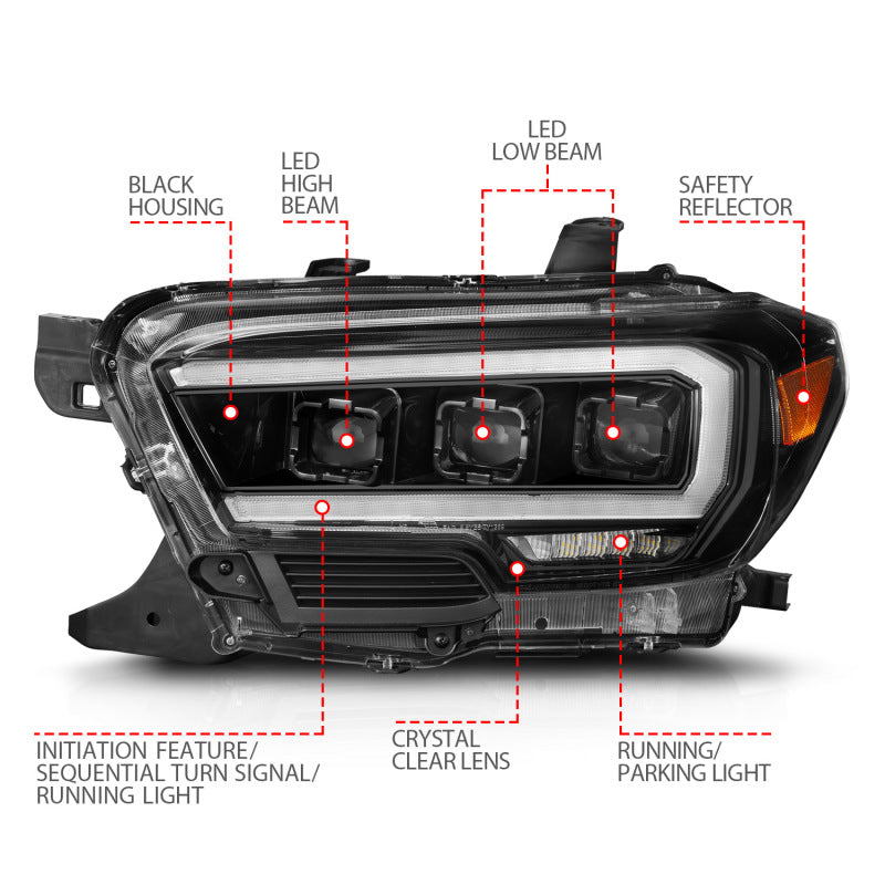 ANZO 16-23 Toyota Tacoma SR/SR5 ONLY Full LED Projector Headlights w/Light Bar Sequential Black w/Initiation Light