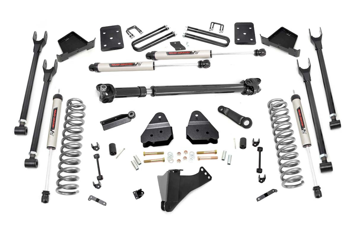 Rough Country 6 Inch Ford 4-Link Suspension Lift Kit 3.5 Inch Axle Diam W/Overload Springsw/Front Drive Shaft & V2 Shocks 17-19 F-250/350 4WD Diesel