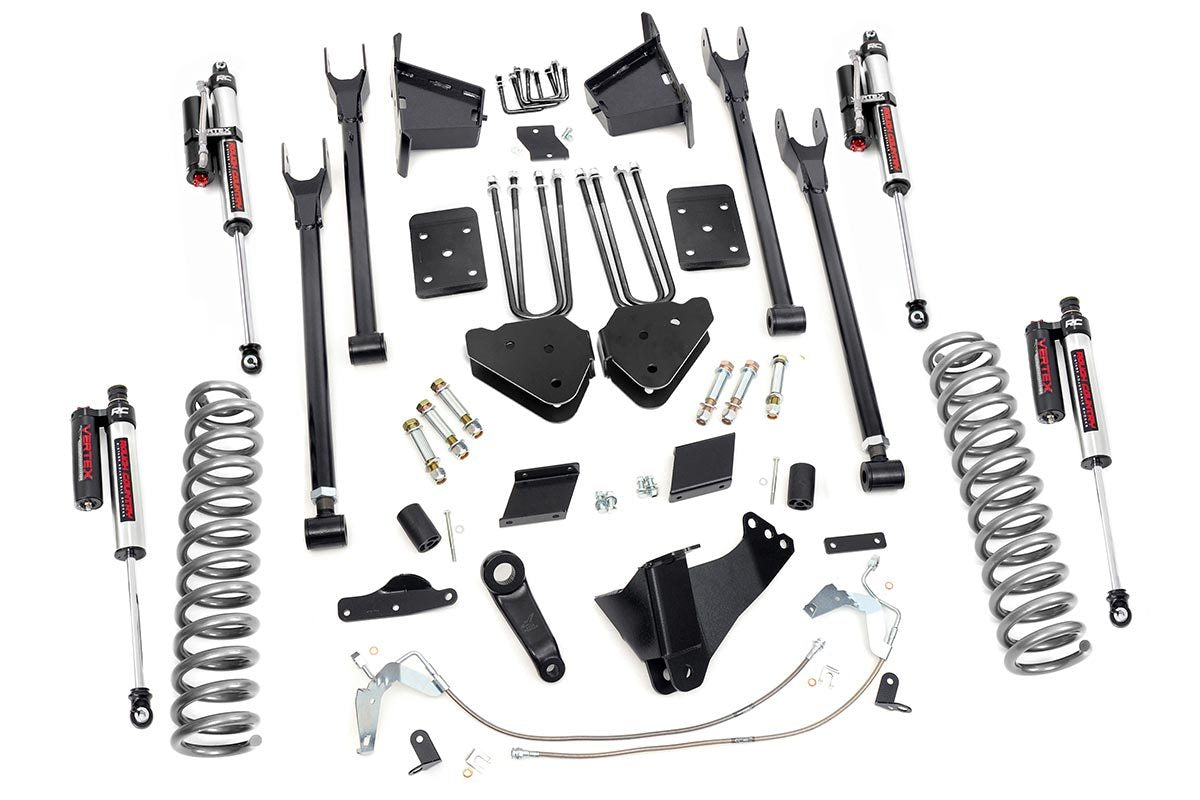 Rough Country 6 Inch Ford 4-Link Suspension Lift Kit Vertex Reservoir Shocks 11-14 F-250 4WD Overloads