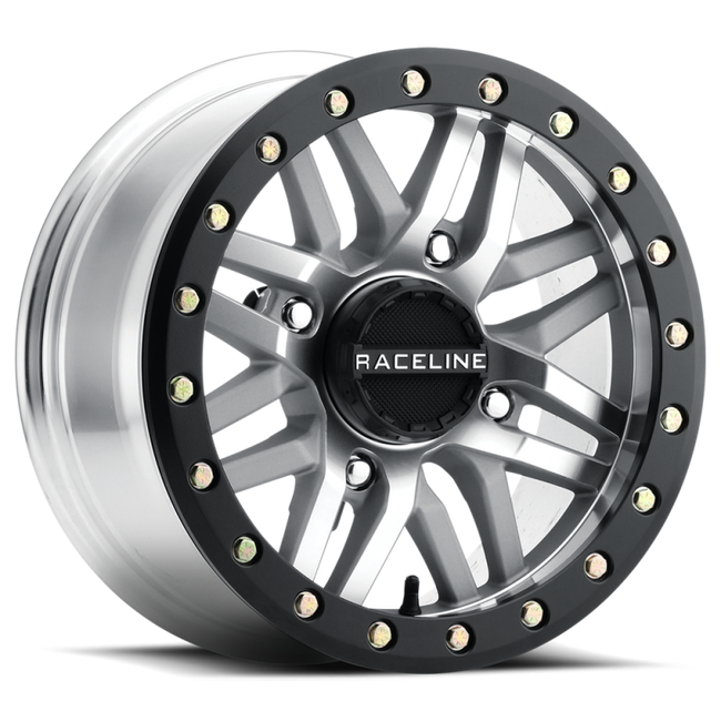 Raceline A91MA Ryno 14x7in 4x156 BP 10mm Offset 132.5mm Bore - Machined & Black Ring Beadlock Wheel