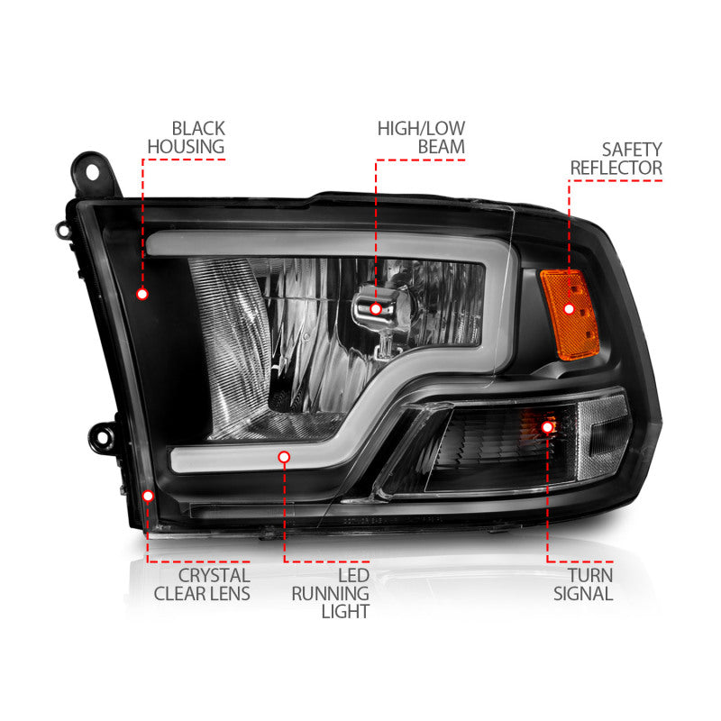 ANZO 2010-2018 Dodge Ram 1500 2500 3500 Crystal Headlights w/ Light Bar Black Housing