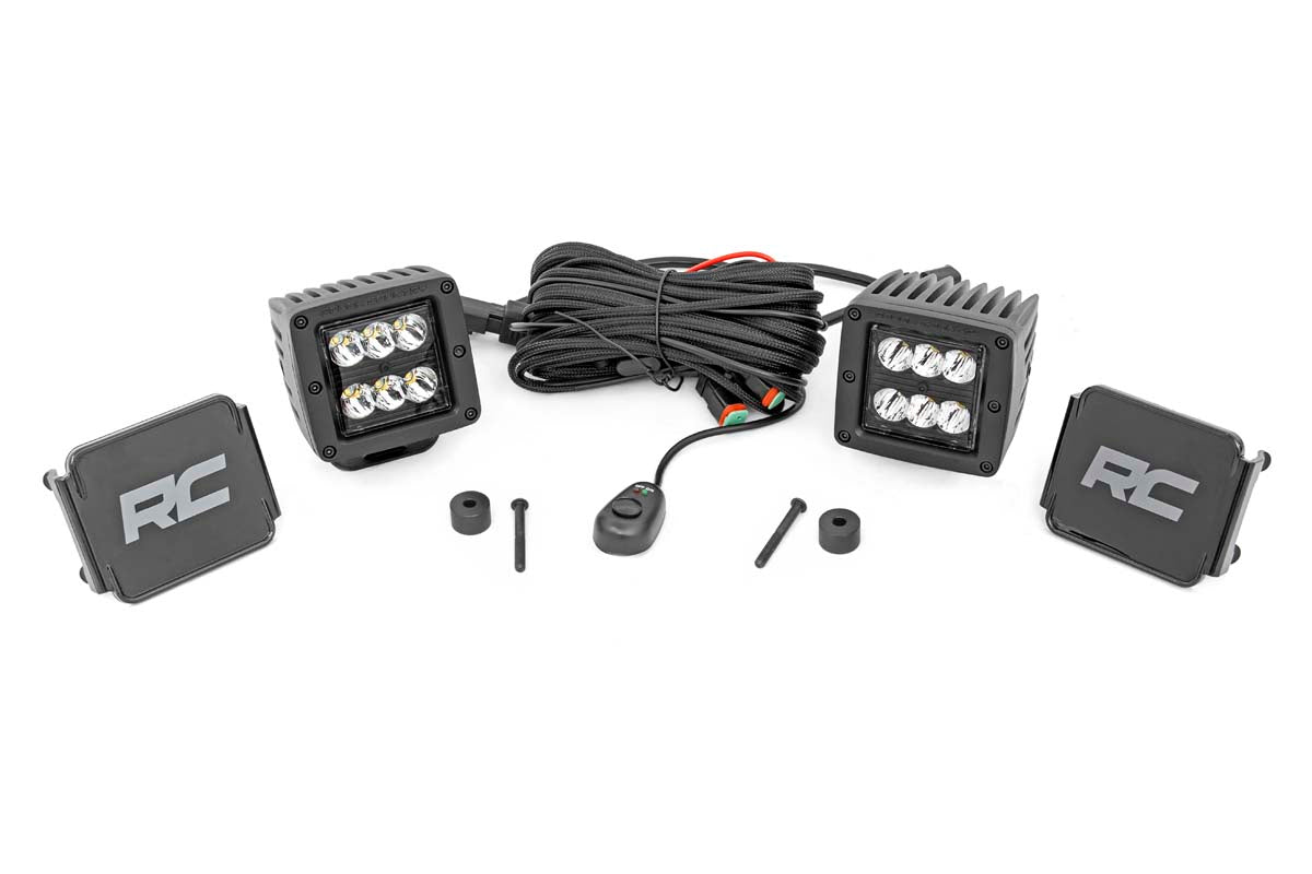 Rough Country Jeep 2 Inch LED Cube Easy-Mount Kit 18-23 Wrangler JL/20-23 Gladiator-Black Series