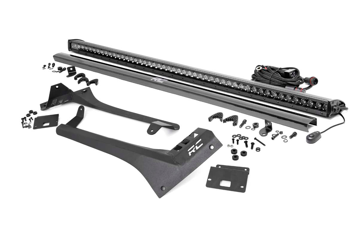 Rough Country Jeep 50-Inch Straight LED Light Bar Upper Windshield Kit w/ Single-Row Black Series LED 2020-2023 Gladiator JT, 18-23 Wrangler JL
