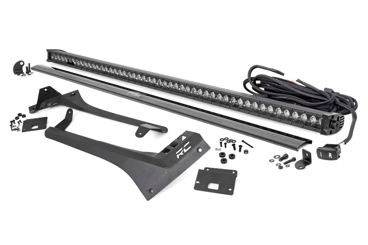 Rough Country Jeep 50-Inch Straight LED Light Bar Upper Windshield Kit w/ Single-Row Black Series LED White DRL 20-23 Gladiator JT, 18-23 Wrangler JL