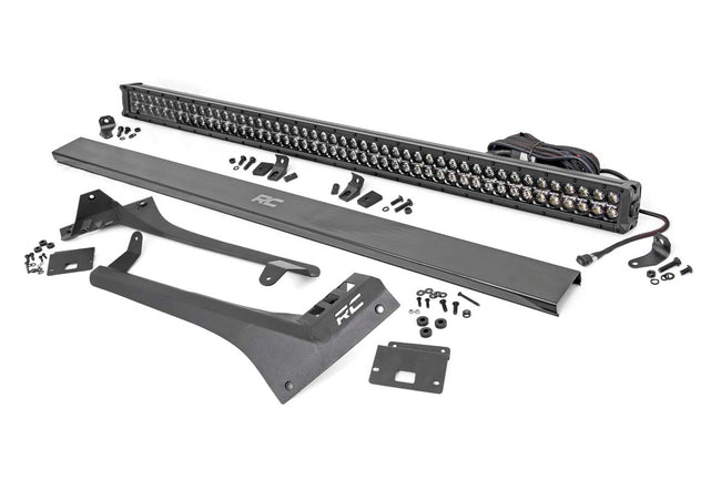 Rough Country Jeep 50-Inch Straight LED Light Bar Upper Windshield Kit w/ Dual-Row Black Series LED White DRL 20-23 Gladiator JT, 18-23 Wrangler JL