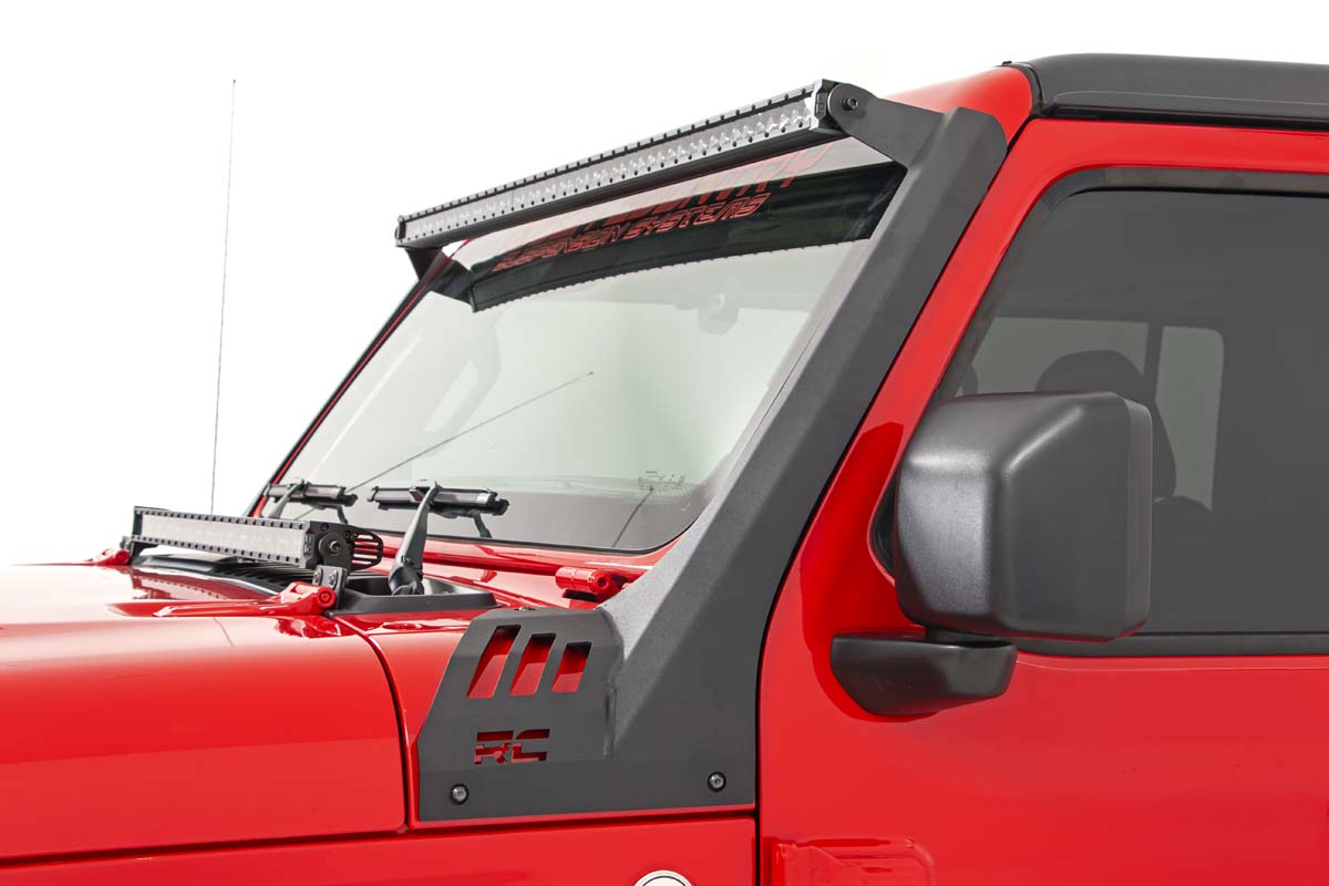 Rough Country Jeep 50-Inch Straight LED Light Bar Upper Windshield Kit w/ Dual-Row Black Series LED White DRL 20-23 Gladiator JT, 18-23 Wrangler JL