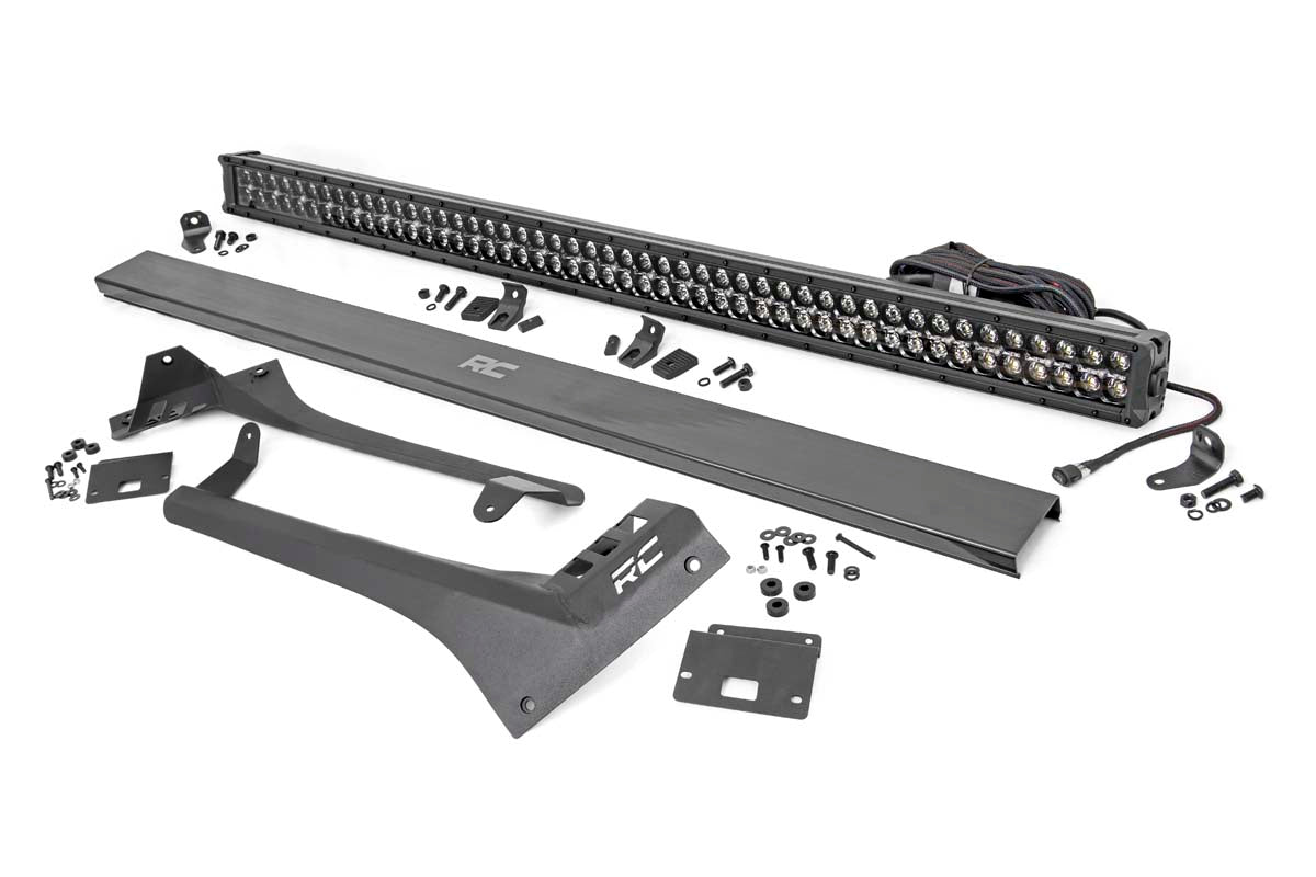 Rough Country Jeep 50-Inch Straight LED Light Bar Upper Windshield Kit w/ Dual-Row Black Series LED Amber DRL 2020-2023 Gladiator JT, 18-23 Wrangler JL