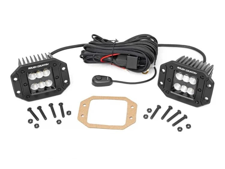 Rough Country 2 Inch Square Flush Mount Cree LED Lights Pair Black Series, Flood Beam