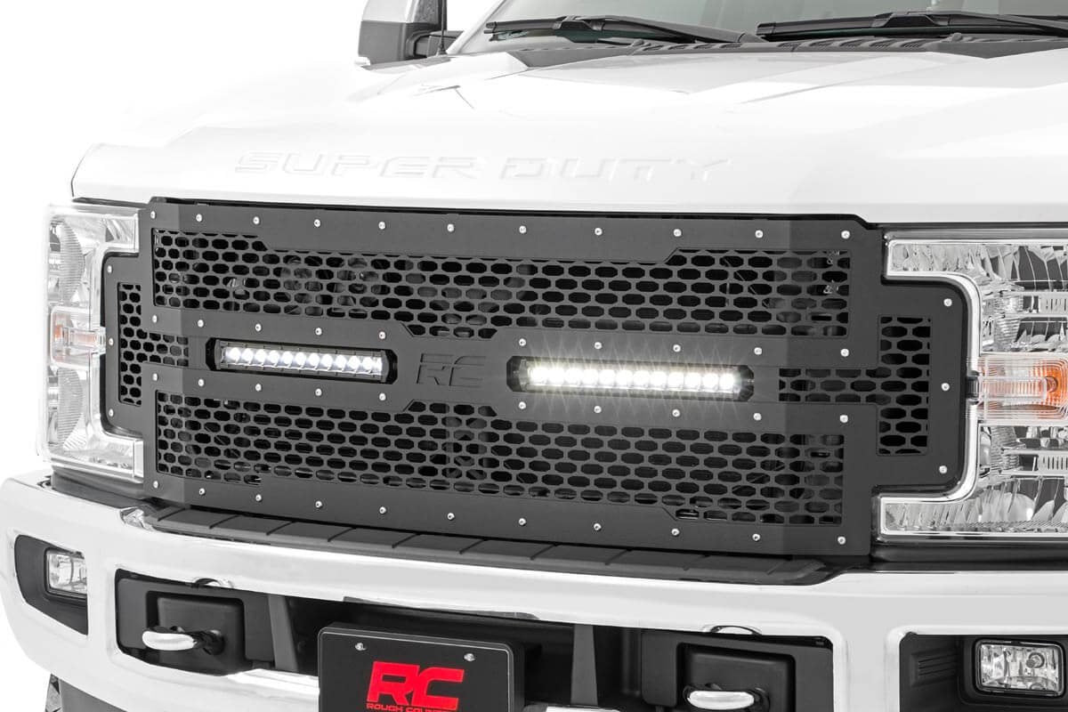 Rough Country Ford Mesh Grille w/Dual 12 Inch Black-Series LEDs 17-19 Super Duty