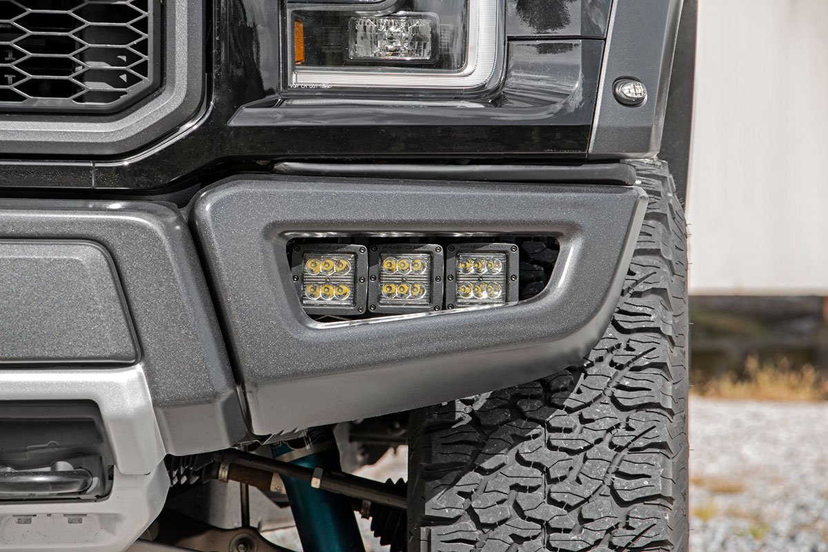 Rough Country Ford Triple LED Fog Light Kit Black Series w/Amber DRL 17-20 F-150 Raptor