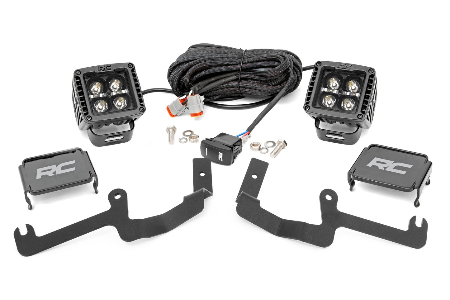 Rough Country Chevy 2-inch LED Lower Windshield Ditch Kit Black Series w/ Amber DRL For 19-22 Silverado