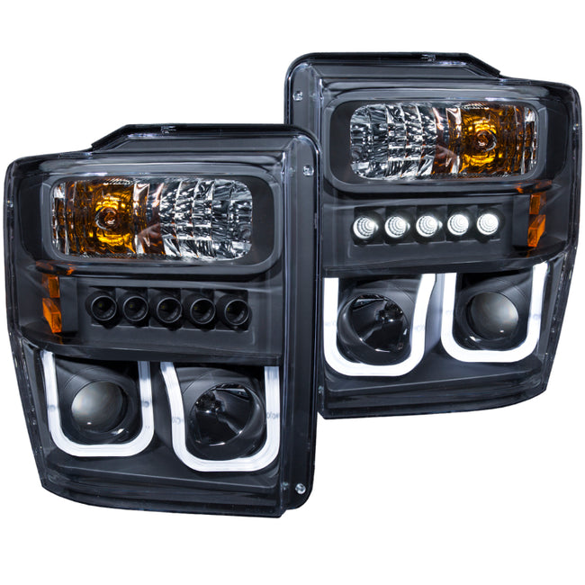 ANZO 2008-2010 Ford Super Duty Halogen Projector Headlights w/ U-Bar Black