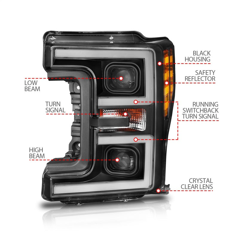 ANZO LED Headlights 17-19 Ford F-250 Super Duty Halogen Projector Plank-Style Headlight Black (Pair)