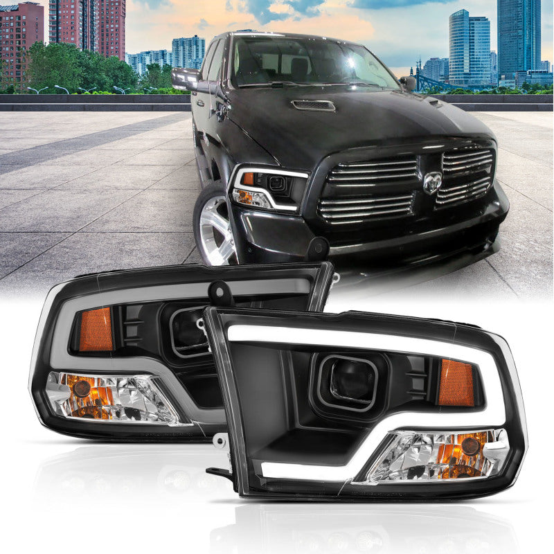 ANZO 10-18 Dodge Ram 1500 2500 3500 Plank Style Projector Headlights Black w/ Halo