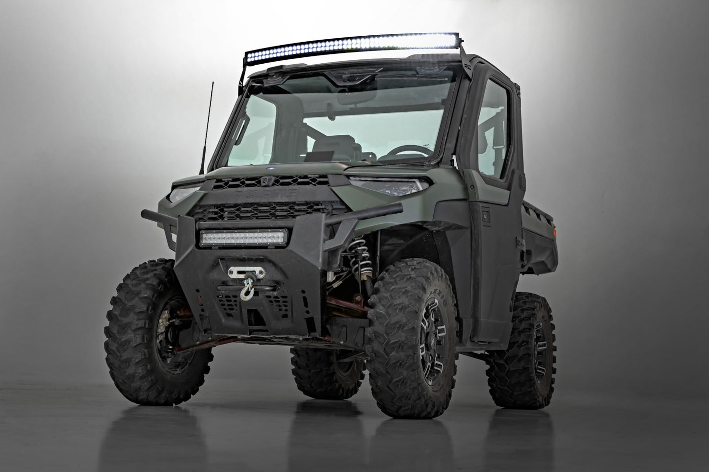 Rough Country LED Light Front Mount 50 Inch Single Row Black Pair with Factory Wiper 14-22 Polaris Ranger 1000XP