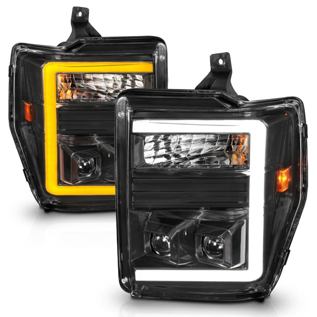 ANZO 08-10 Ford Super Duty Halogen Projector Headlights w/ Light Bar Switchback Black Housing